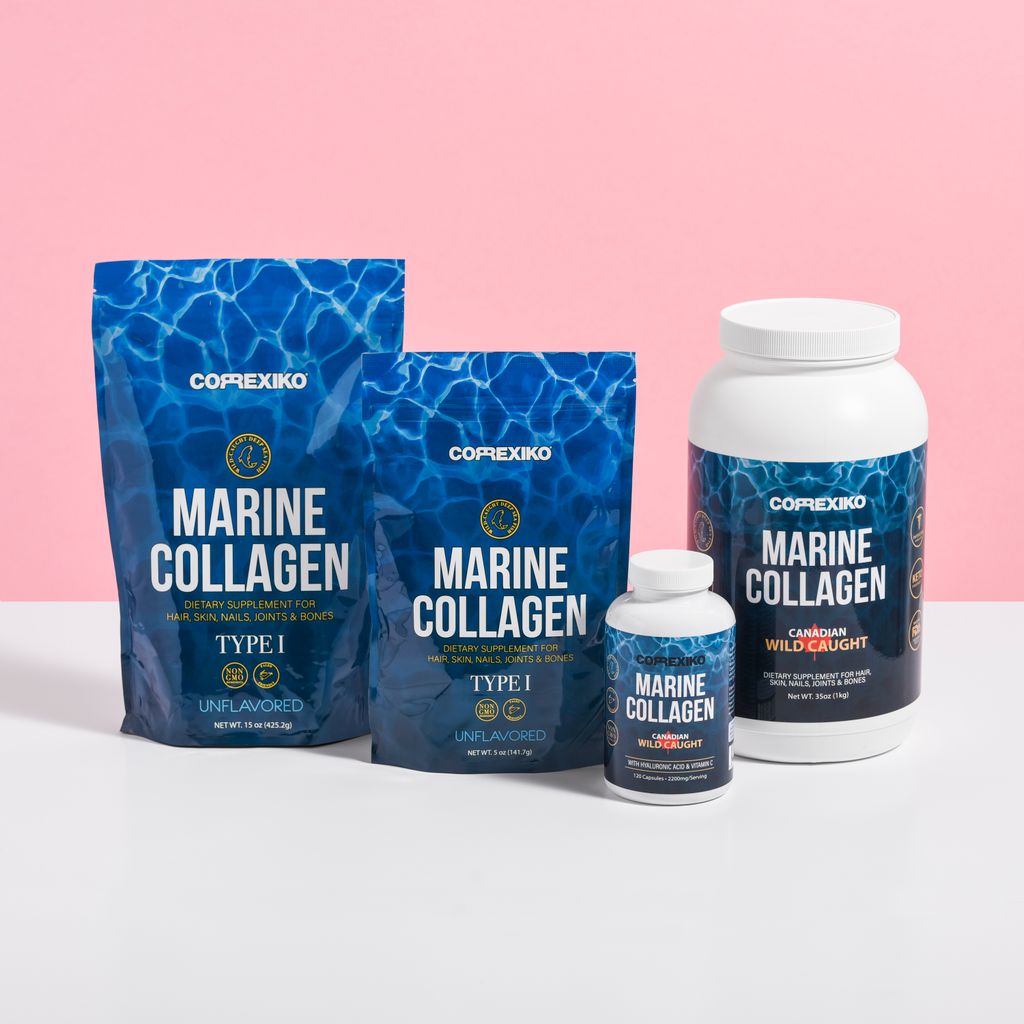 Collection of marine collagen supplement packages against a pink background, showcasing product variety.